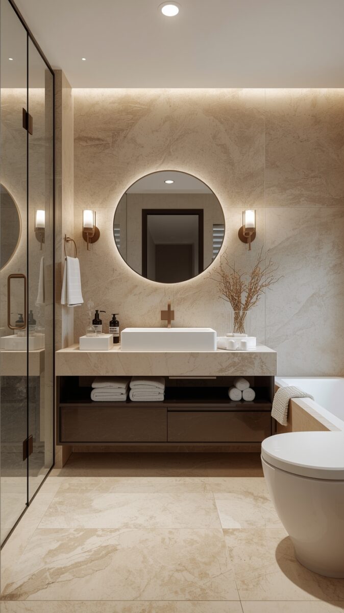 Modern luxury bathroom with marble walls, round backlit mirror, floating vanity, vessel sink, and soaking tub