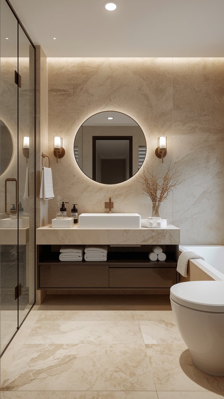 Modern luxury bathroom with marble walls, round backlit mirror, floating vanity, vessel sink, and soaking tub