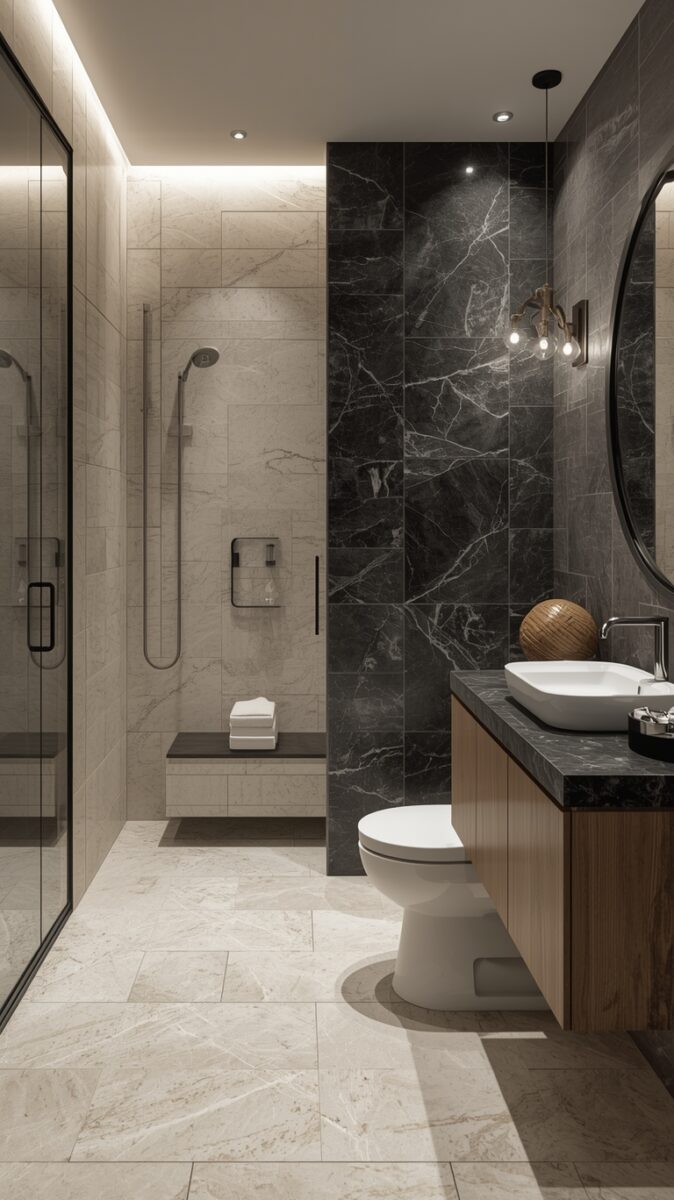 Modern luxury bathroom with black marble tiles, walk-in shower, floating wood vanity, and white vessel sink