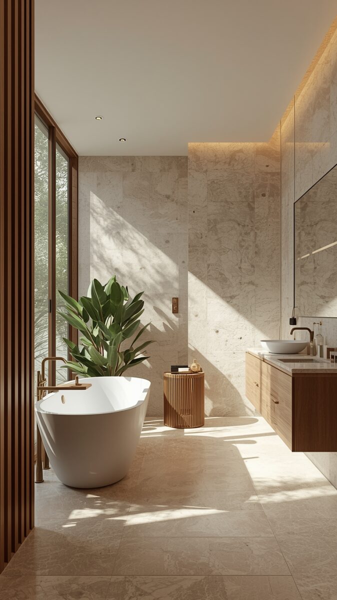 Luxury modern bathroom with freestanding white bathtub, marble walls, wooden vanity, and tropical plant by floor-to-ceiling windows