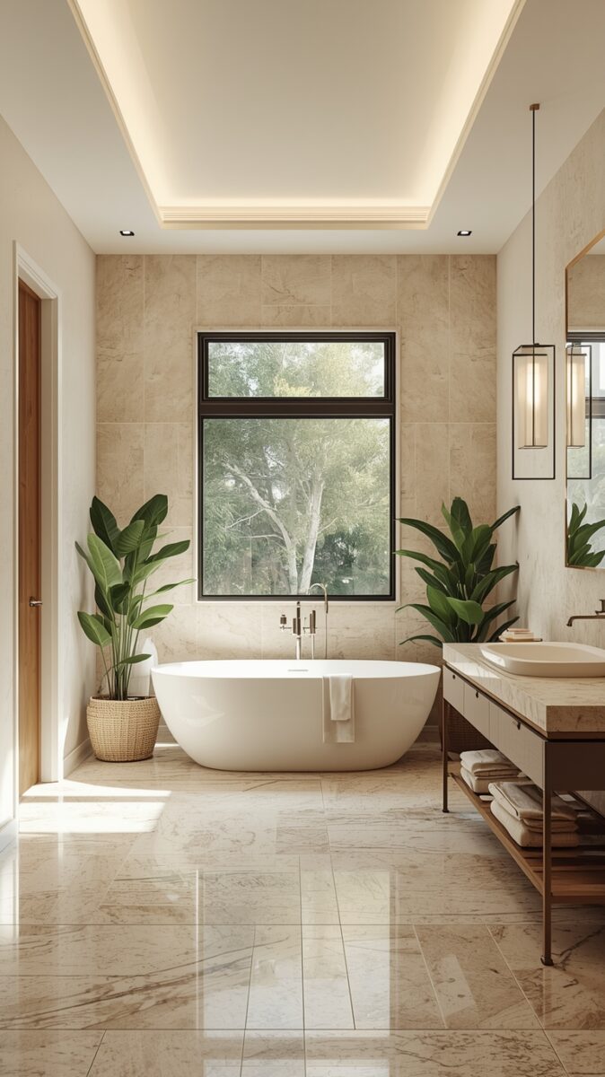 Luxury modern bathroom with freestanding white soaking tub, marble tiles, large window, and tropical plants
