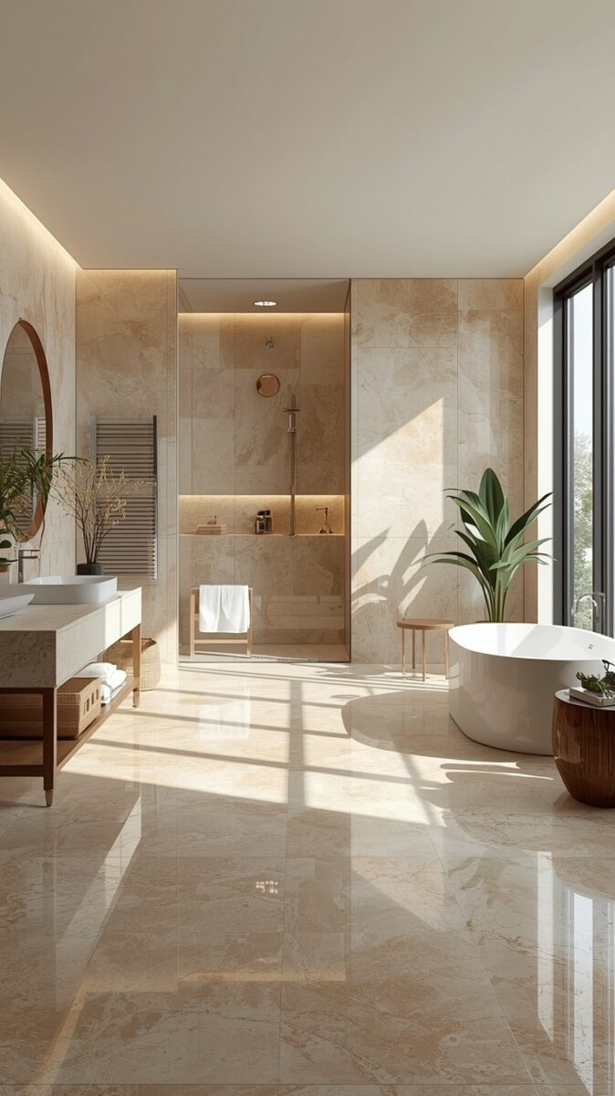 Luxury modern bathroom with freestanding white bathtub, marble tiles, walk-in shower, and large windows
