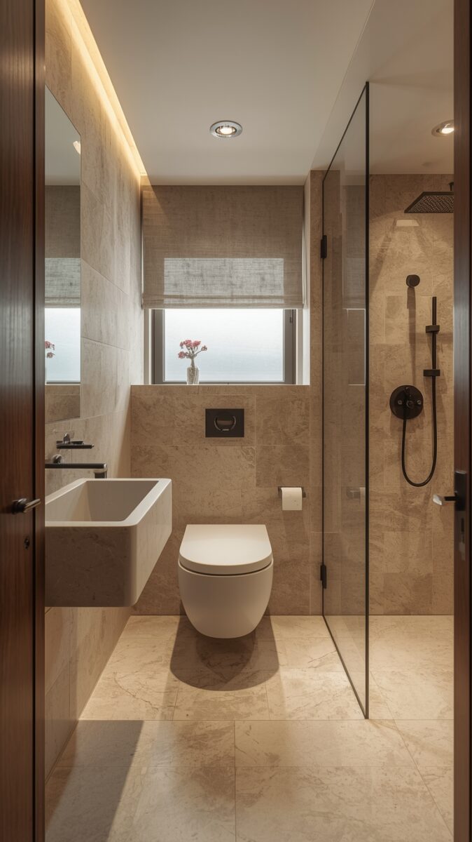 Modern luxury bathroom with travertine tiles, wall-mounted toilet, glass shower enclosure, and matte black fixtures