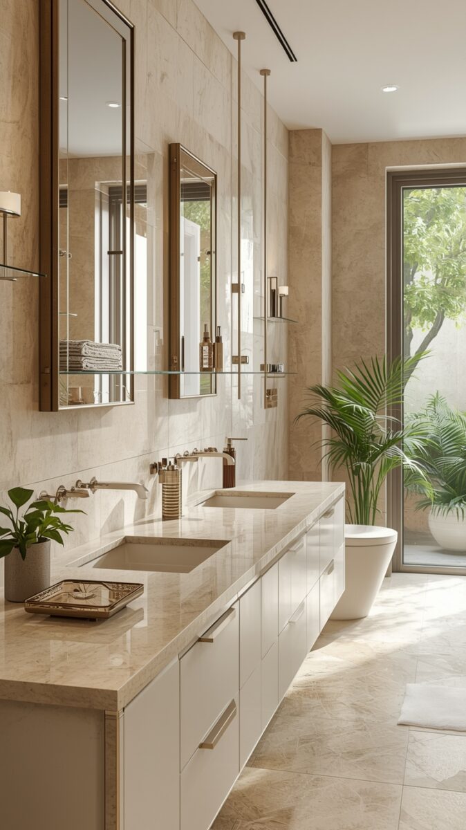 Luxury modern bathroom with double marble vanity, framed mirrors, pendant lights, and tropical plants near large window
