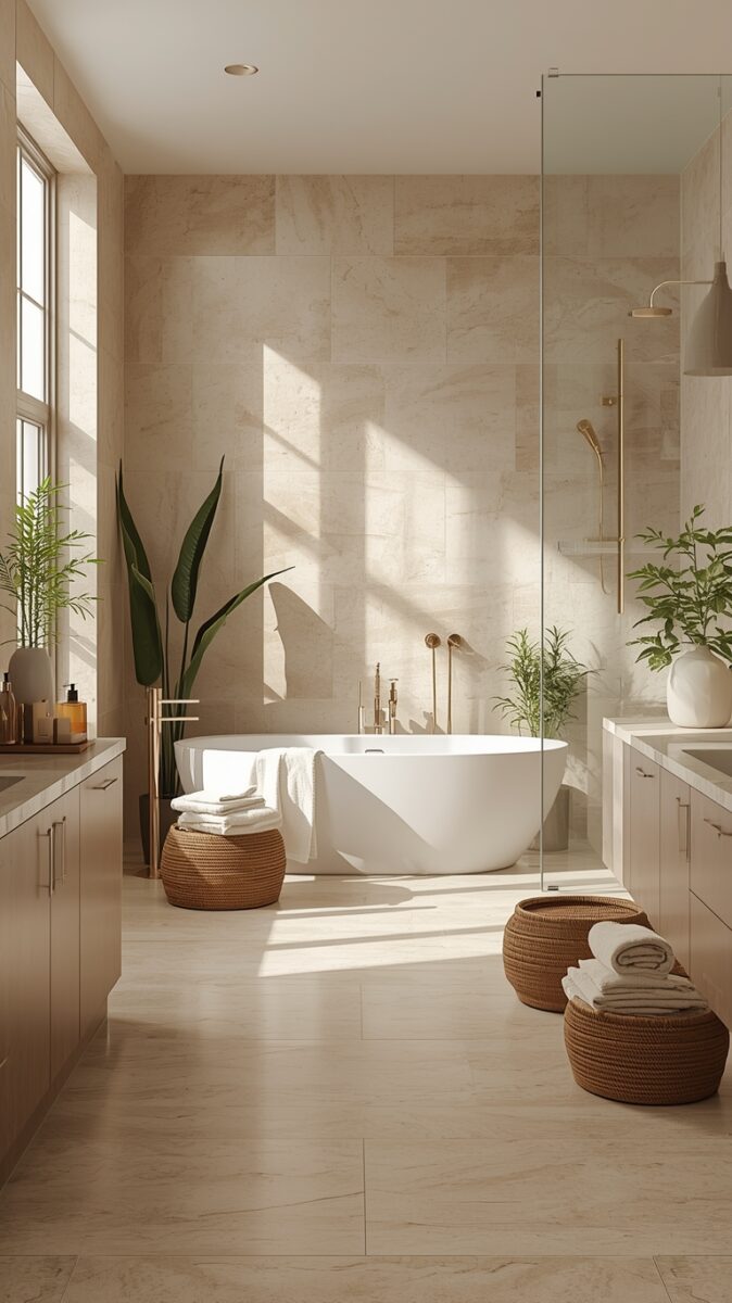 Luxury spa-style bathroom with freestanding white soaking tub, beige marble tiles, gold fixtures, and wicker baskets