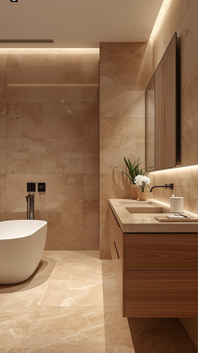Luxury modern bathroom with freestanding white bathtub, walnut floating vanity, beige marble tiles, and warm ambient lighting
