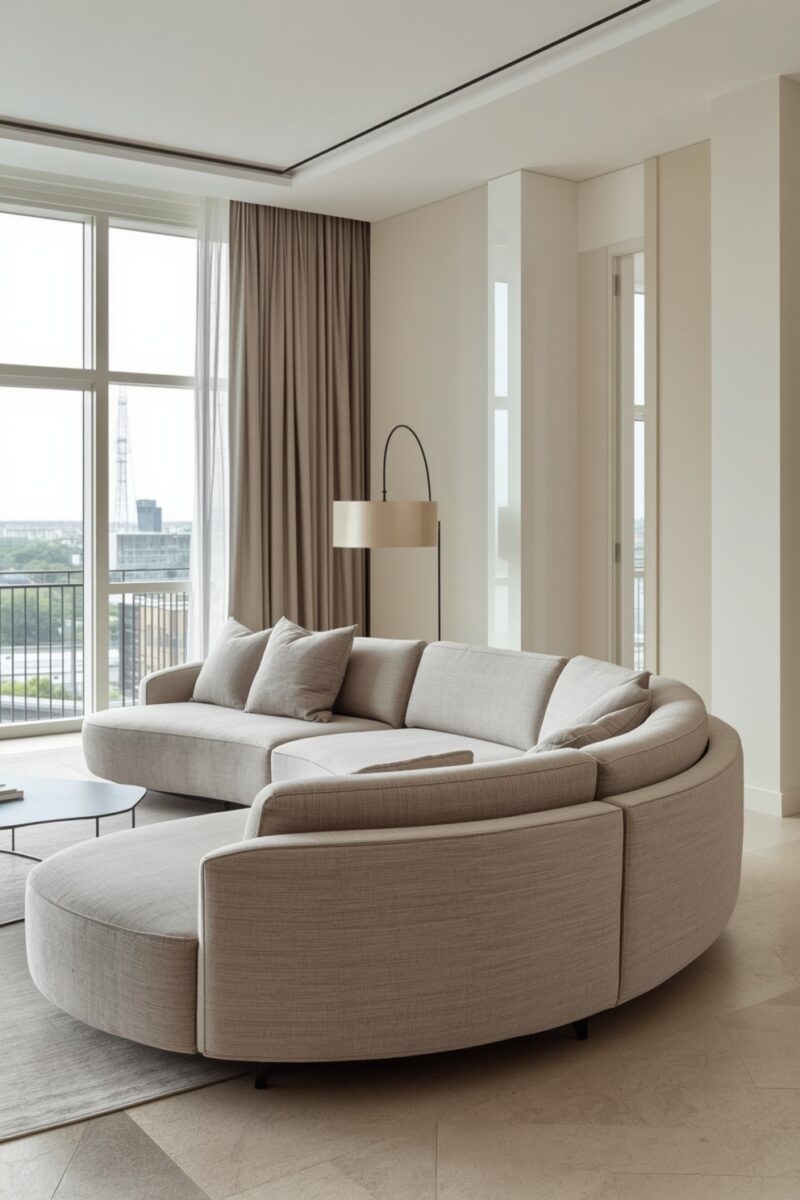 Curved beige sectional sofa in minimalist living room with floor-to-ceiling windows and city view