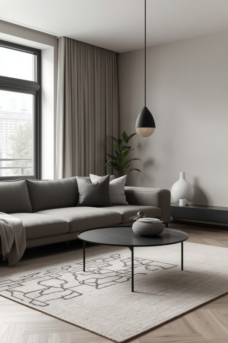 Modern minimalist living room with gray sectional sofa, round black coffee table, and pendant light