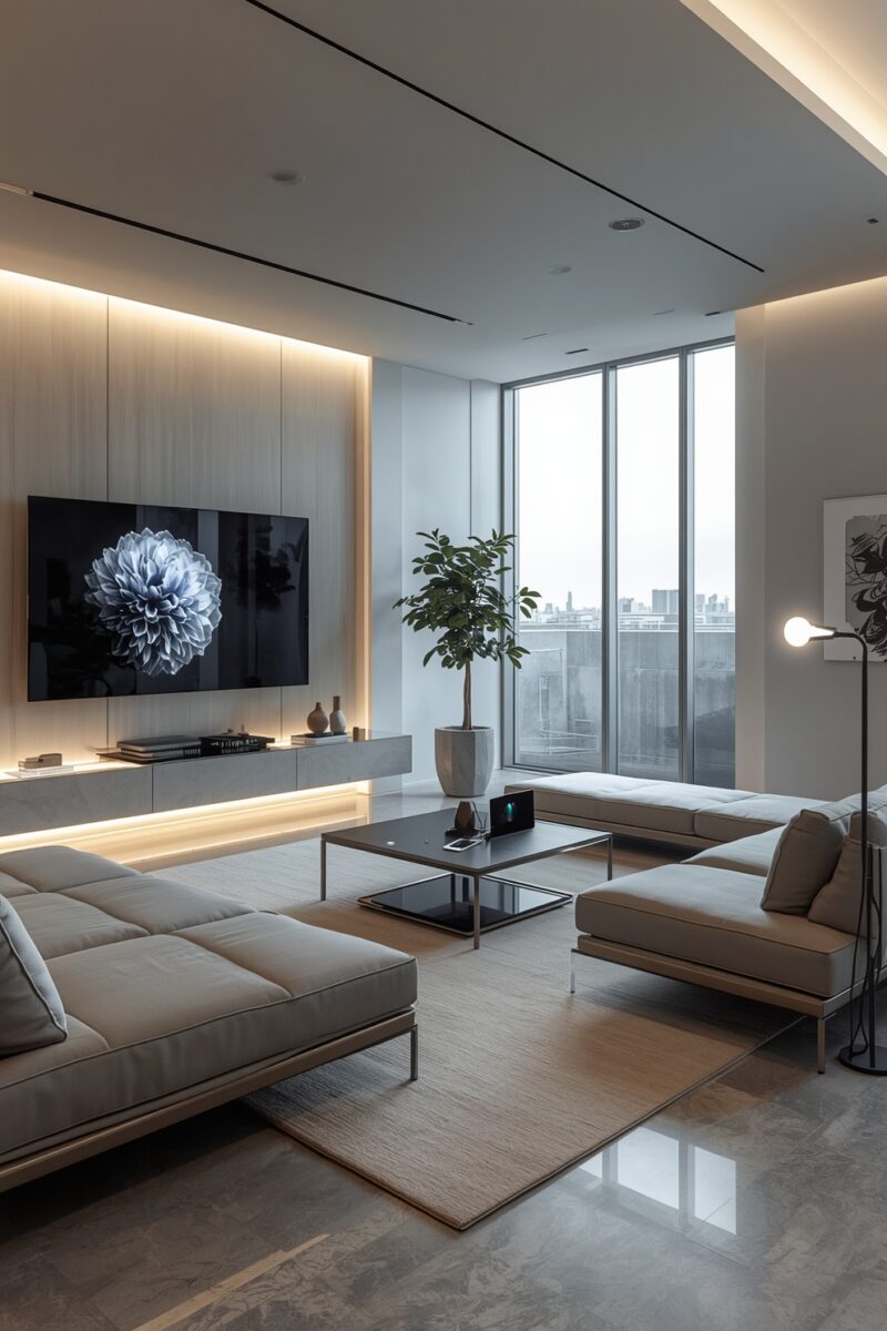 Modern minimalist living room with beige sectional sofas, wall-mounted TV, LED cove lighting, and floor-to-ceiling windows