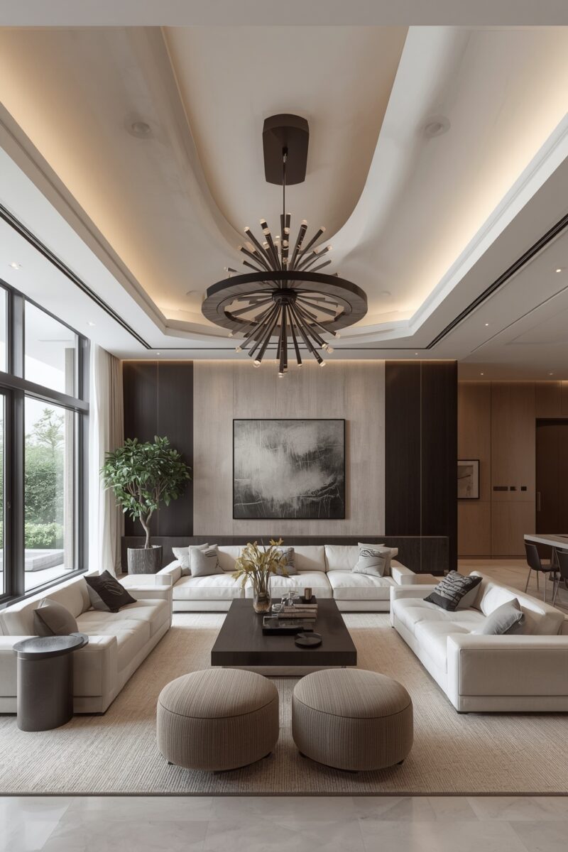 Luxury modern living room with white sectional sofas, dark wood coffee table, sputnik chandelier, and tray ceiling