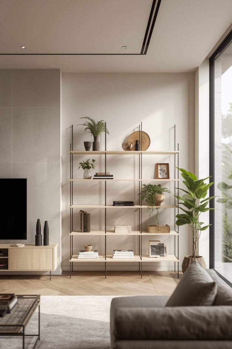 Modern minimalist living room with tall open metal and wood shelving unit displaying plants, books, and decor