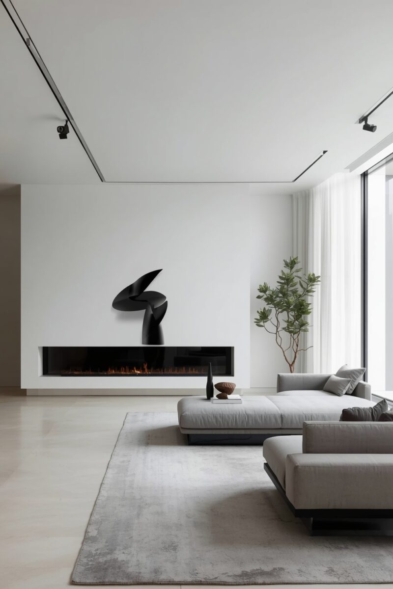 Minimalist living room with linear fireplace, abstract black sculpture, gray sectional sofa, and indoor tree by floor-to-ceiling window