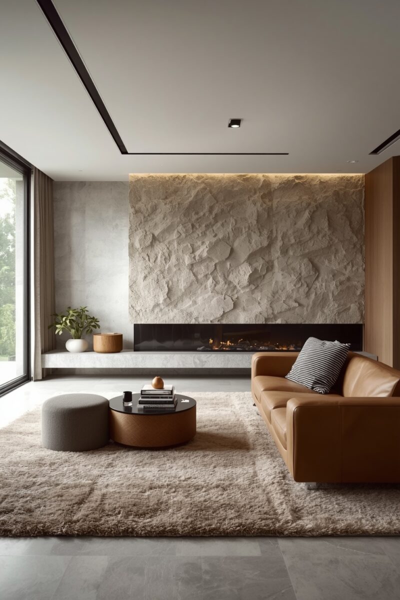 Modern minimalist living room with textured stone accent wall, linear fireplace, tan leather sofa, and shag rug