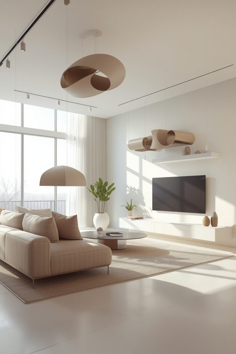 Modern minimalist living room with beige sofa, sculptural pendant lights, floating TV unit, and large windows