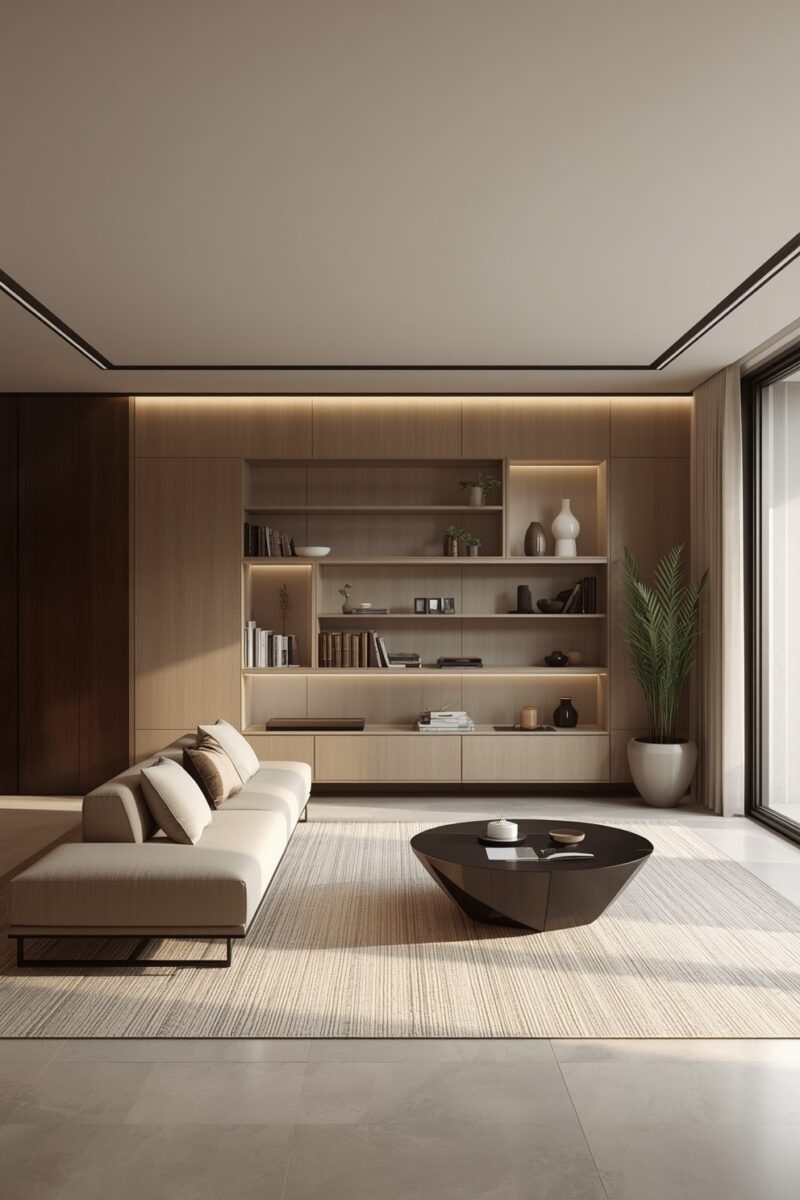 Modern minimalist living room with cream sectional sofa, dark round coffee table, wood built-in shelving, and warm ambient lighting