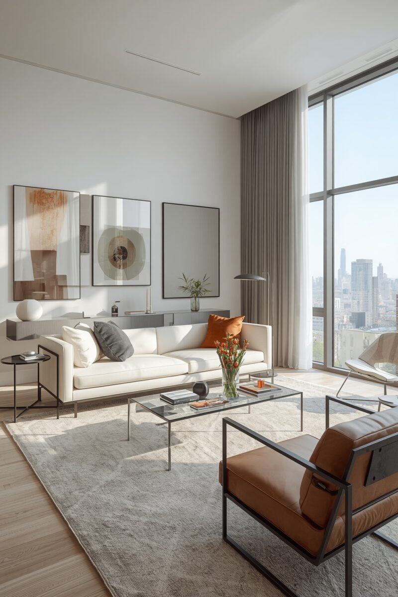 Modern luxury living room with white sofa, tan leather chair, glass coffee table, and floor-to-ceiling city view windows