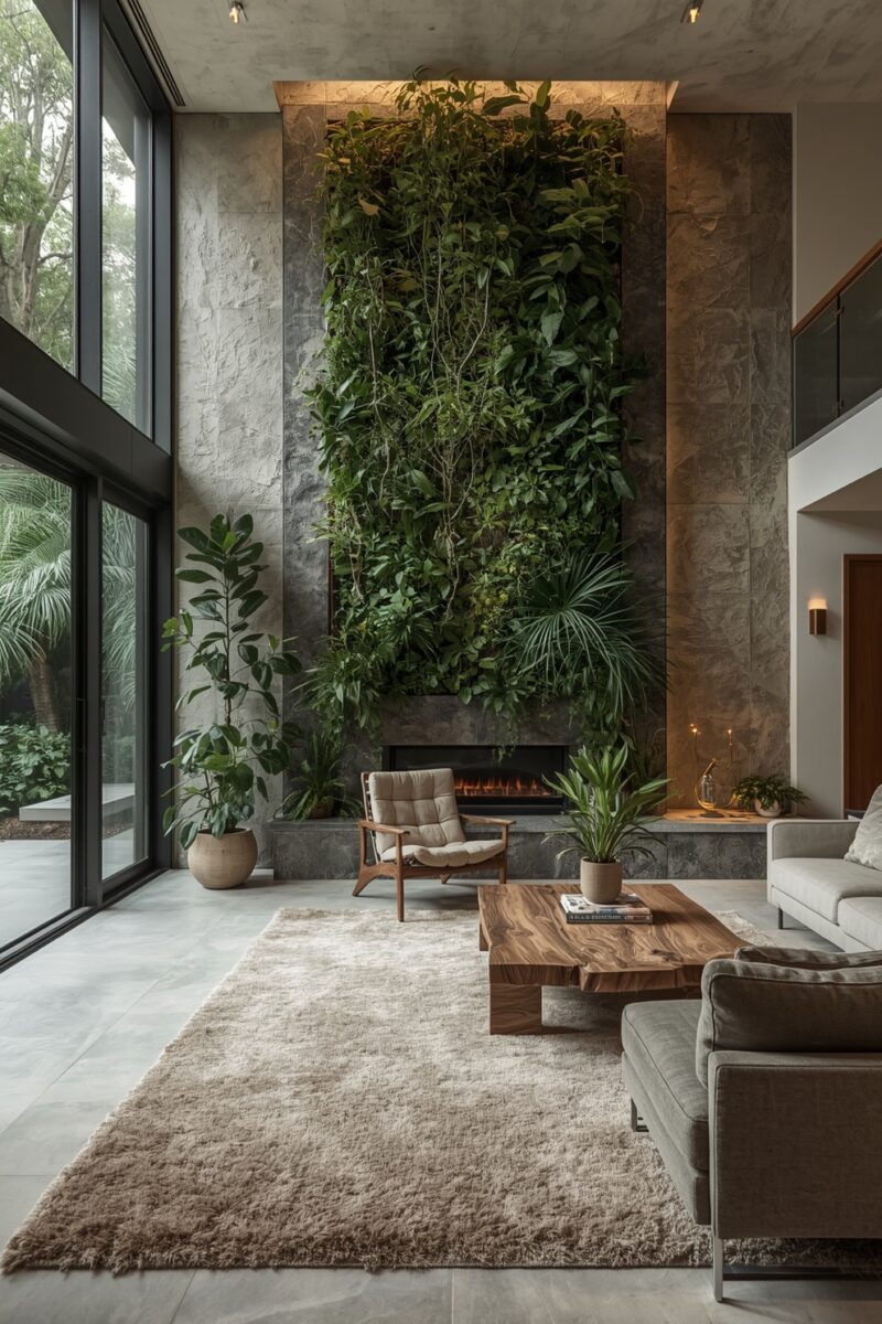 Modern living room with tall vertical green wall above fireplace, wood coffee table, gray sofas, and floor-to-ceiling windows