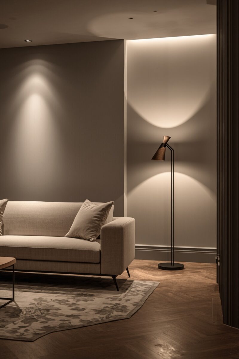Modern living room with beige sofa, floor lamp casting warm circular light on gray wall, herringbone wood floor