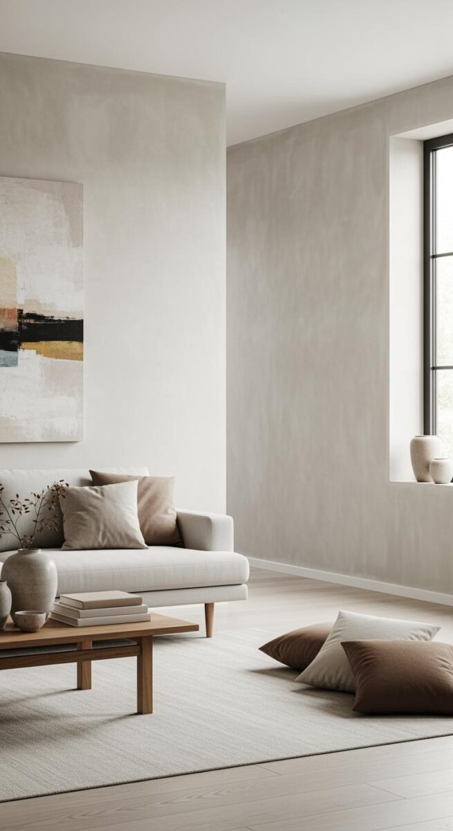Minimalist living room with beige sofa, wooden coffee table, abstract wall art, and neutral earth-tone cushions