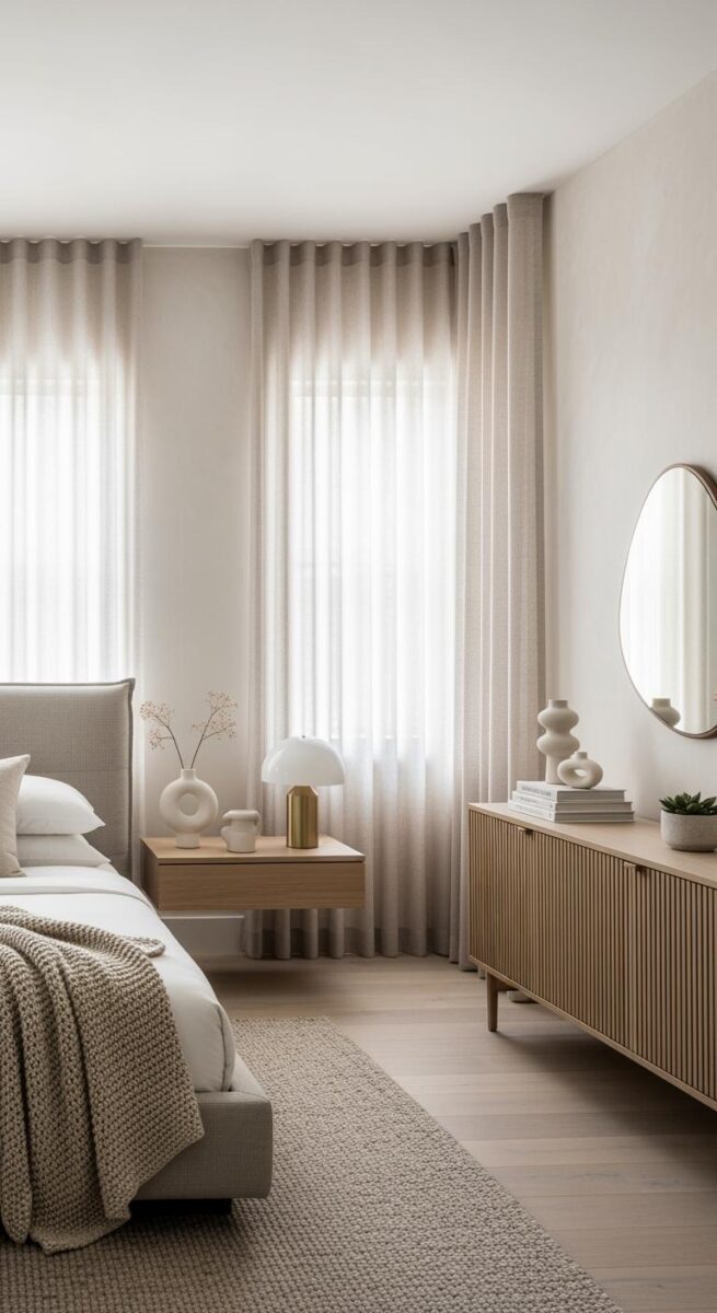 Minimalist bedroom with neutral tones, floating wood nightstand, ribbed dresser, round mirror, and sheer curtains