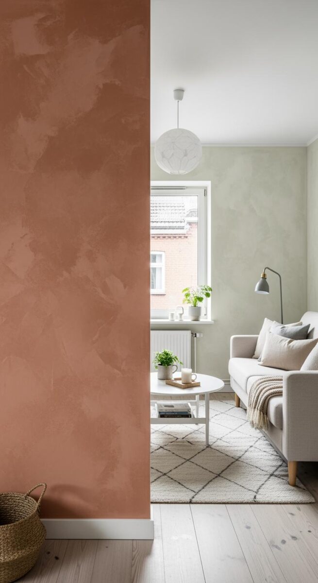 Scandinavian living room with sage green walls, light grey sofa, white coffee table, and terracotta accent wall