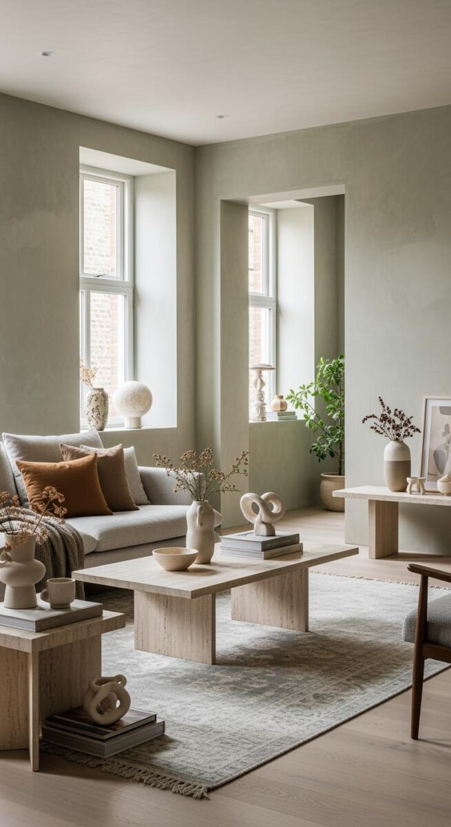 Minimalist Scandinavian living room with travertine coffee table, neutral sofa, terracotta pillows, and ceramic decor