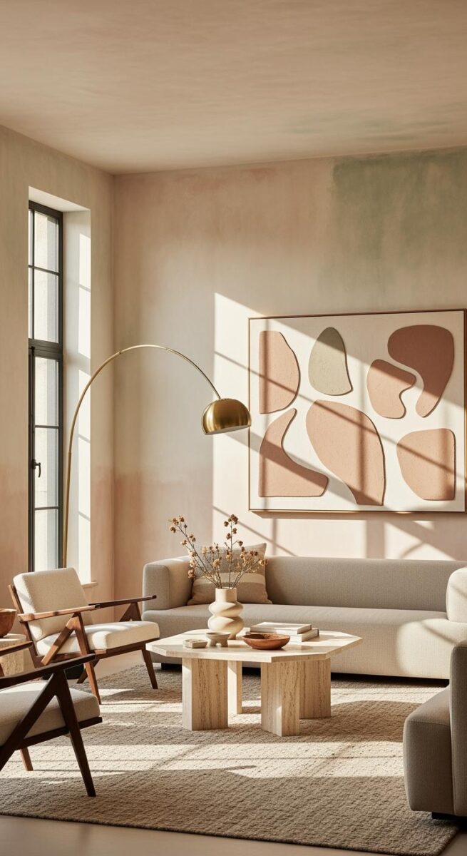 Modern minimalist living room with travertine coffee table, neutral sofa, arc floor lamp, and abstract wall art in warm earth tones