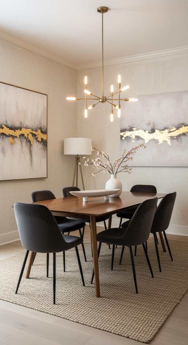 Modern dining room with walnut table, dark velvet chairs, brass sputnik chandelier, and abstract gold wall art