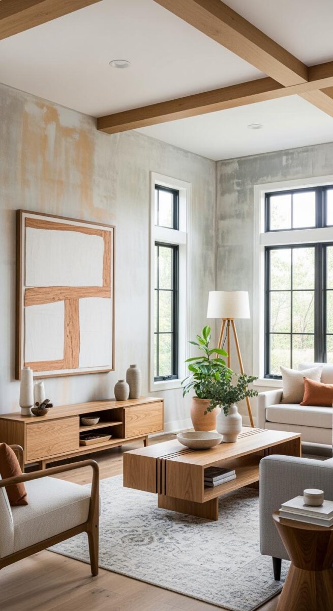 Modern living room with wood beams, concrete walls, oak furniture, white sofas, and large black-framed windows