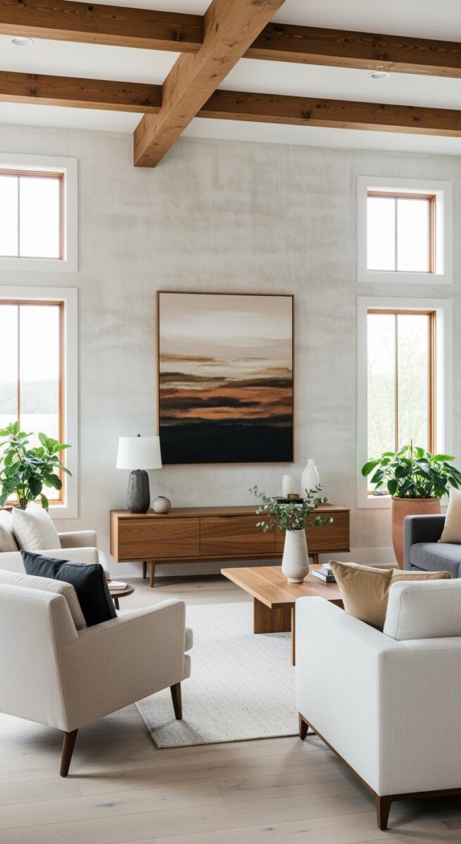 Modern farmhouse living room with exposed wood beams, white sofas, walnut credenza, and abstract landscape painting