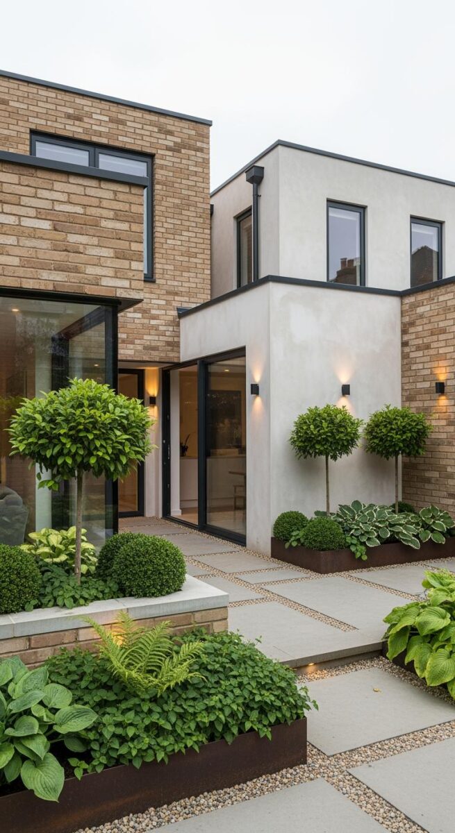 Modern house exterior with brick and render facade, topiary standard trees, box balls, hostas in Corten steel raised planters, large format stone paving