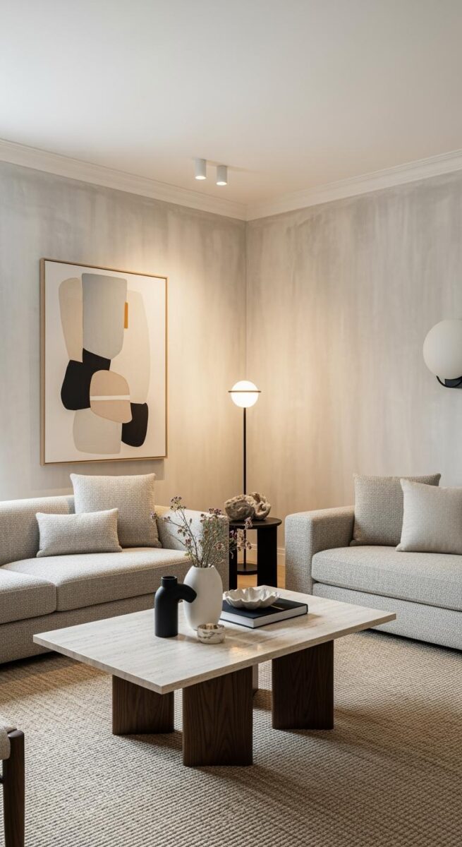 Modern minimalist living room with gray sofas, travertine coffee table, abstract wall art, and globe floor lamp