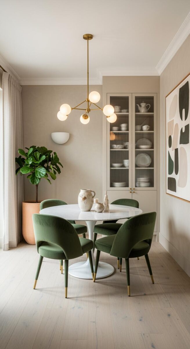 Modern dining room with green velvet chairs, white tulip table, brass chandelier, and built-in cabinet