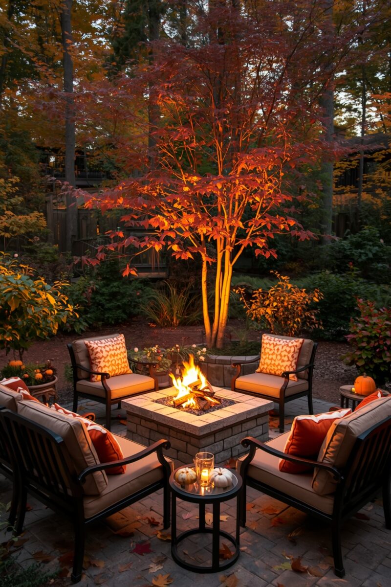 Cozy autumn patio with lit square brick fire pit, cushioned chairs with orange pillows, and glowing Japanese maple tree at dusk