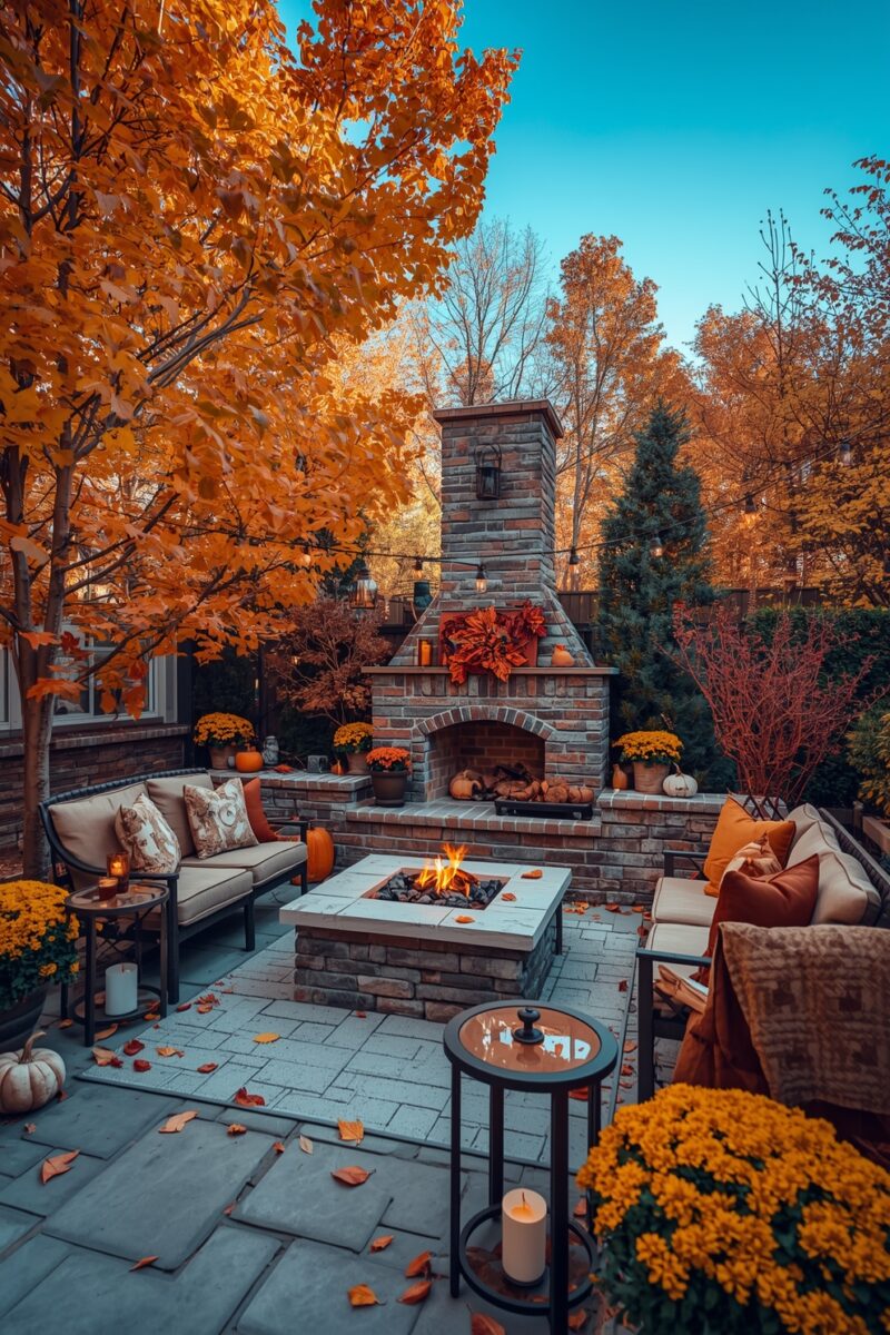 Cozy autumn patio with brick outdoor fireplace, fire pit, seating, pumpkins, mums, and orange fall foliage