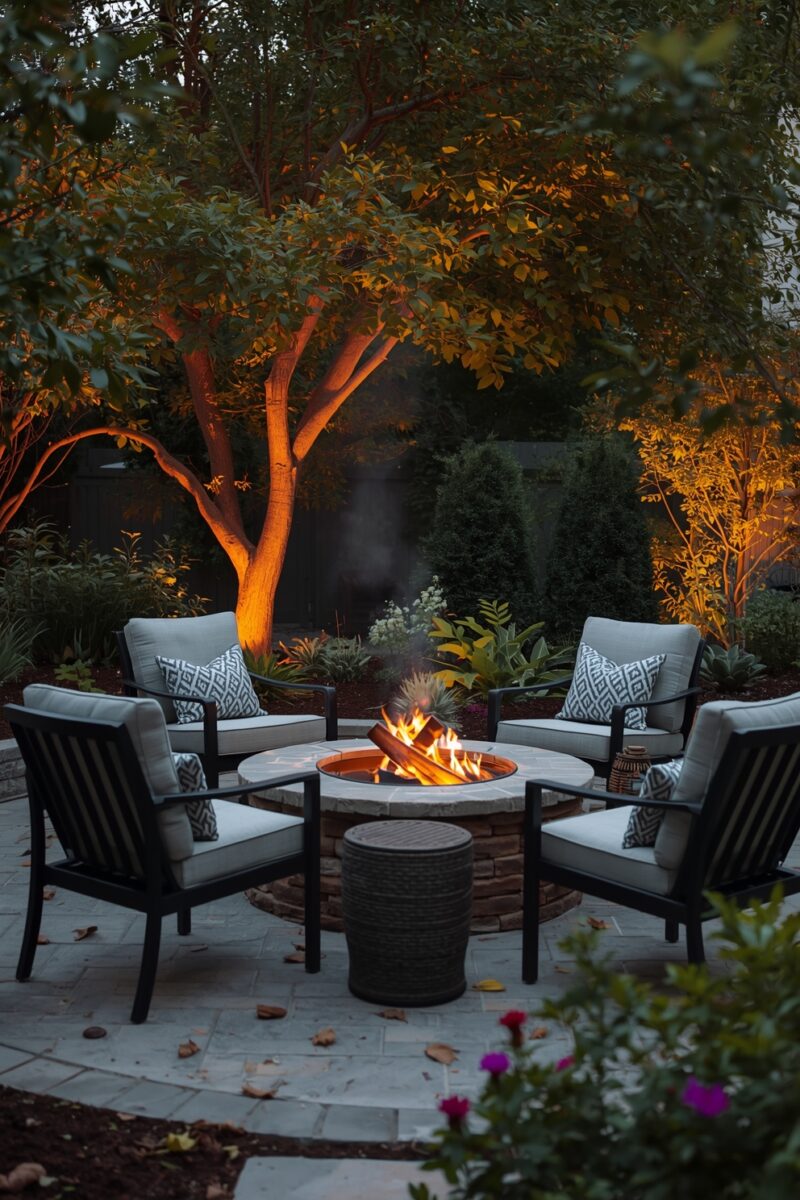 Cozy backyard patio fire pit surrounded by four cushioned chairs with patterned pillows at dusk