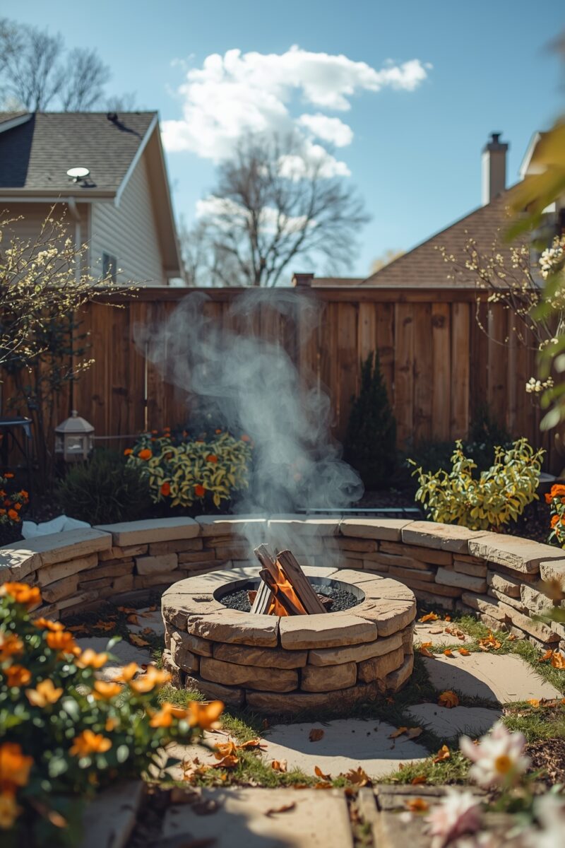 Stone fire pit with burning wood and smoke in a landscaped backyard with orange flowers and wooden fence