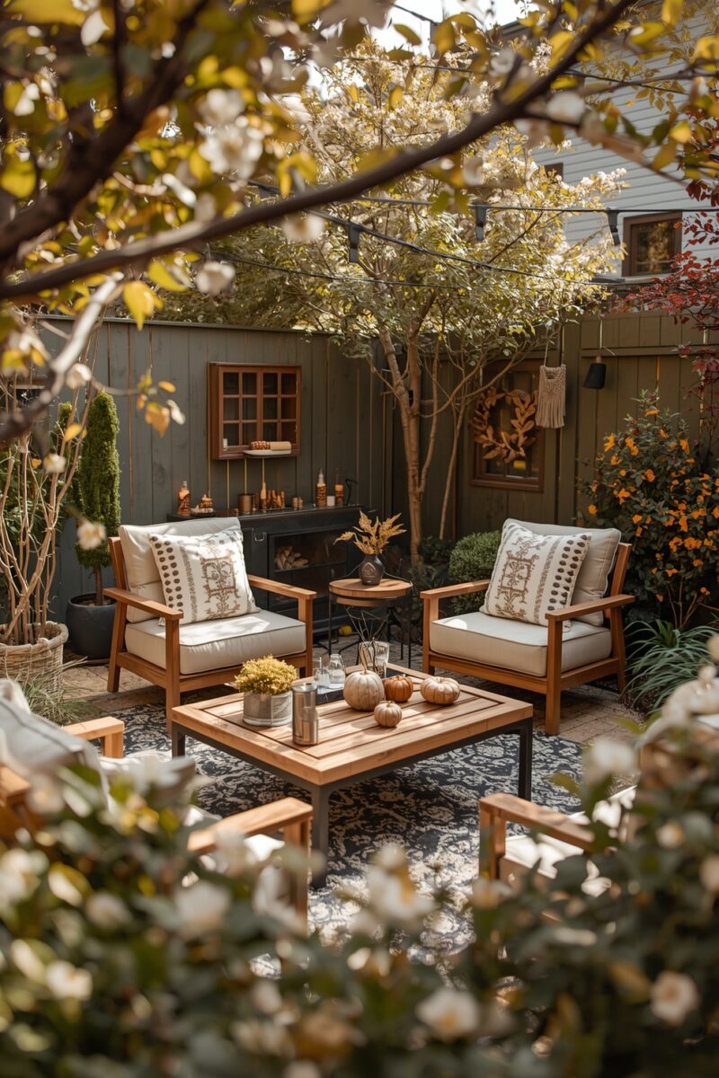 Cozy fall outdoor patio with wooden furniture, cream cushions, pumpkins on coffee table, and autumn foliage