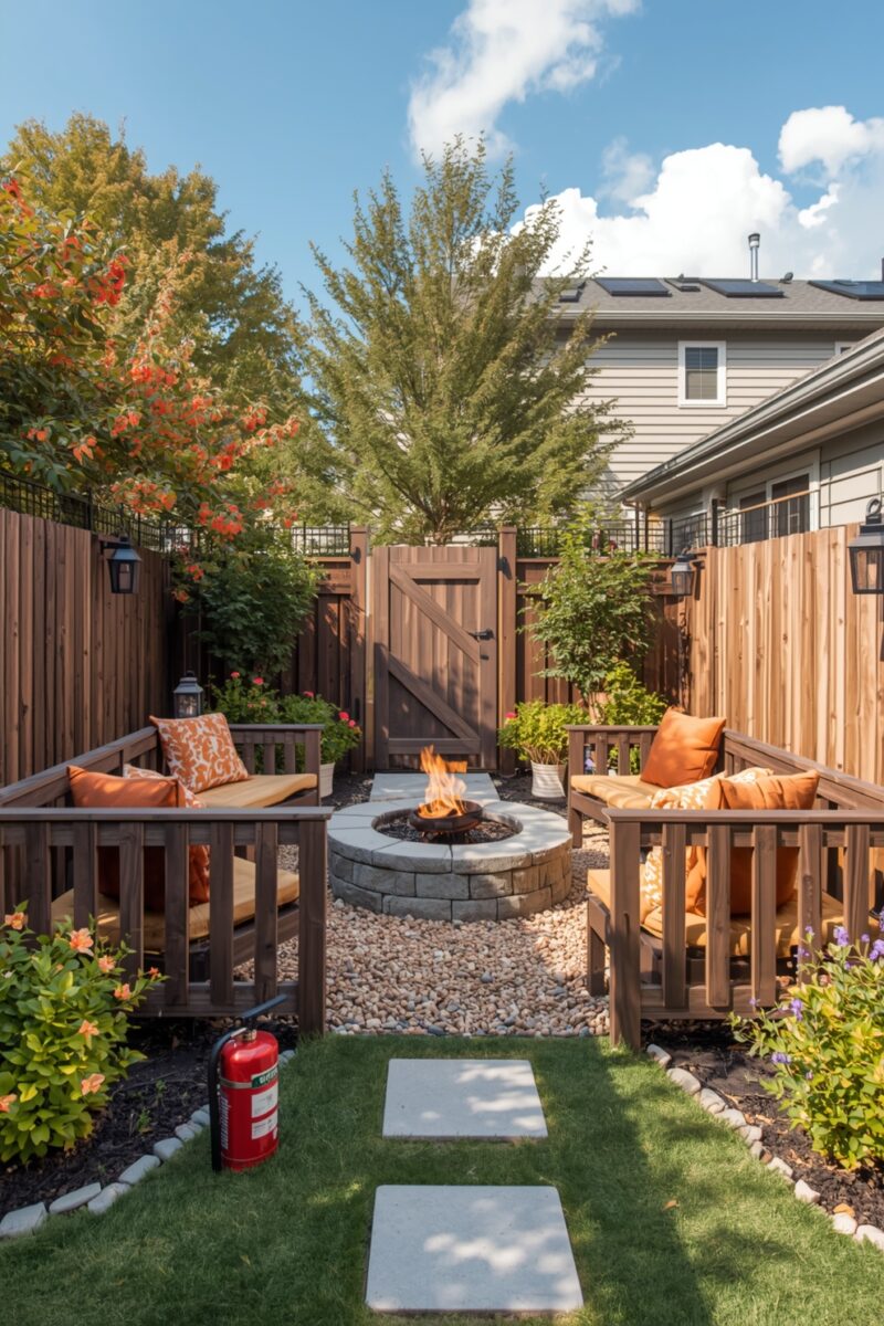 Backyard patio with stone fire pit, wooden benches with orange cushions, gravel, stepping stones, and red fire extinguisher