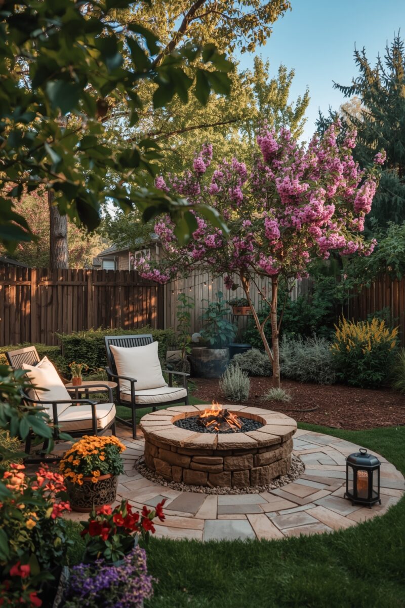 Cozy backyard patio with stone fire pit, cushioned chairs, blooming pink tree, and colorful flowers at dusk