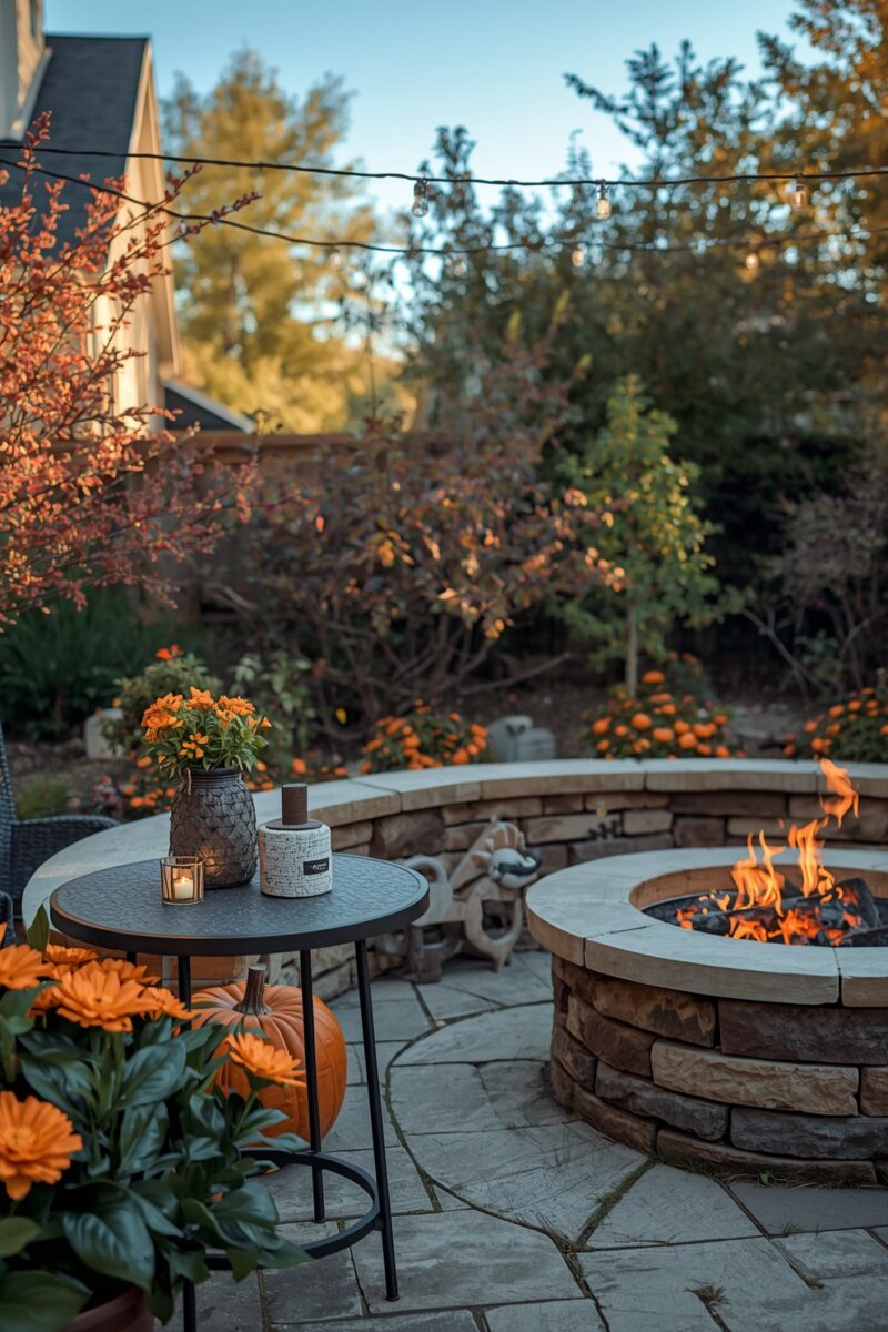 Cozy autumn patio with stone fire pit, orange marigolds, pumpkin, and string lights at dusk