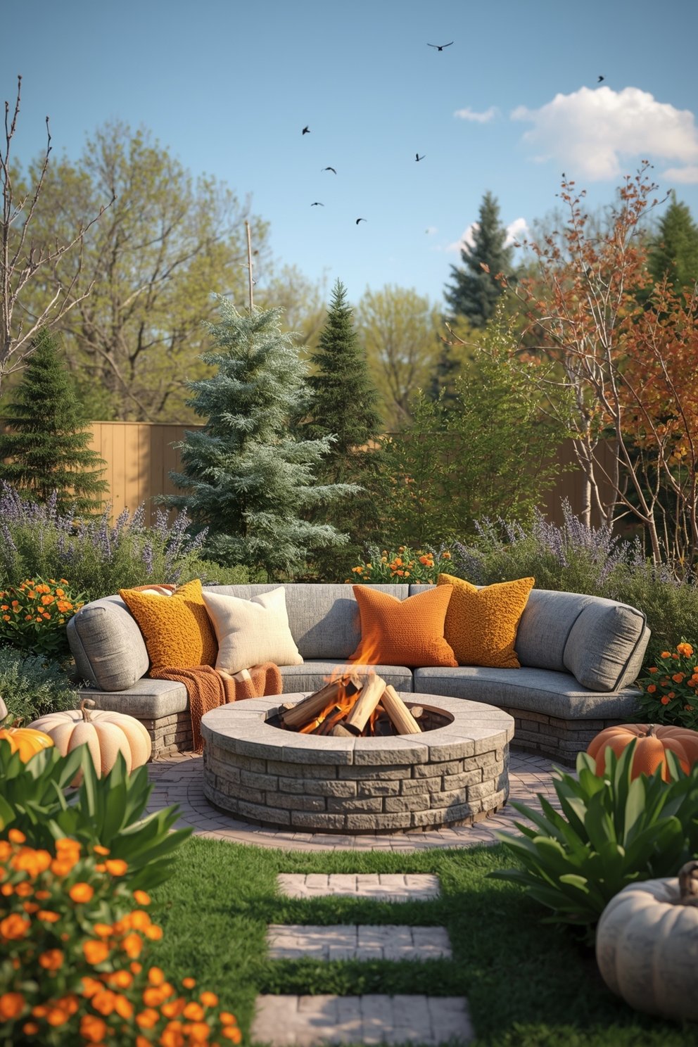 Curved outdoor sectional sofa with orange pillows around a stone fire pit in a lush autumn garden