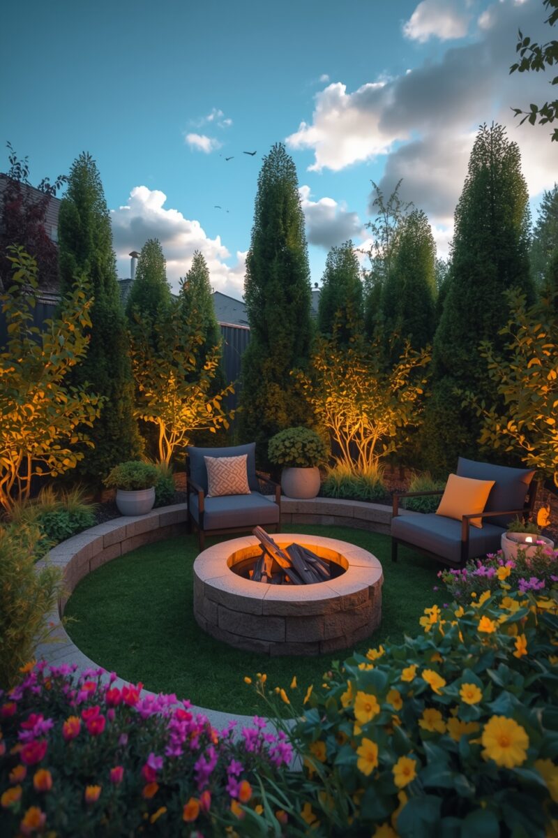 Beautifully landscaped backyard with circular stone fire pit, gray outdoor chairs, colorful flowers, and tall evergreen trees at dusk