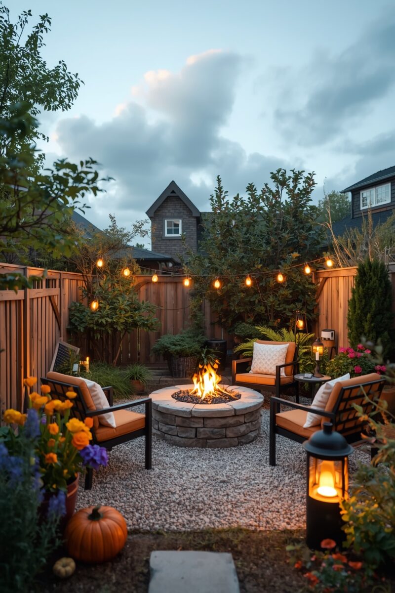 Cozy backyard patio with stone fire pit, orange cushioned chairs, string lights, lanterns, and autumn flowers at dusk
