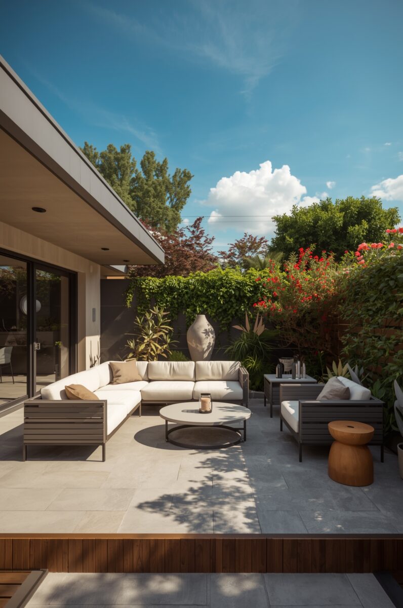 Modern outdoor patio with white sectional sofa, round coffee table, and lush garden backdrop under blue sky