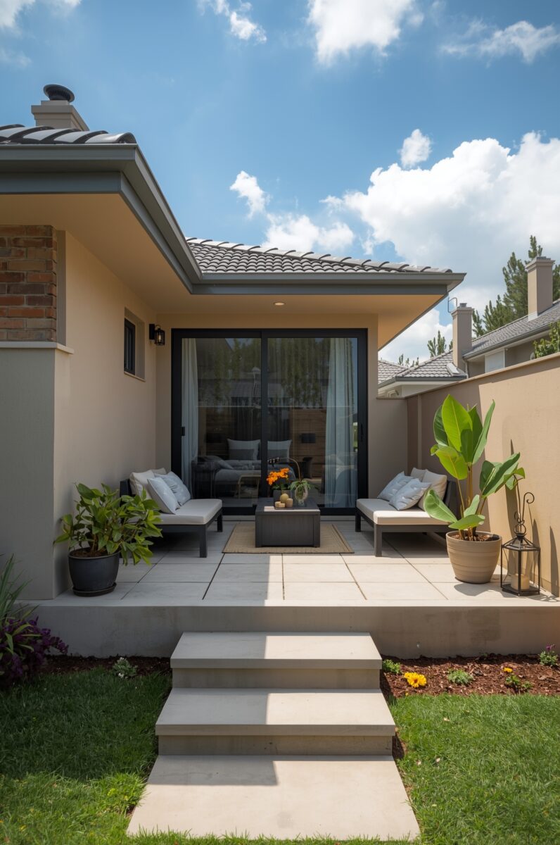 Modern backyard patio with gray outdoor seating, potted plants, and sliding glass doors on a sunny day