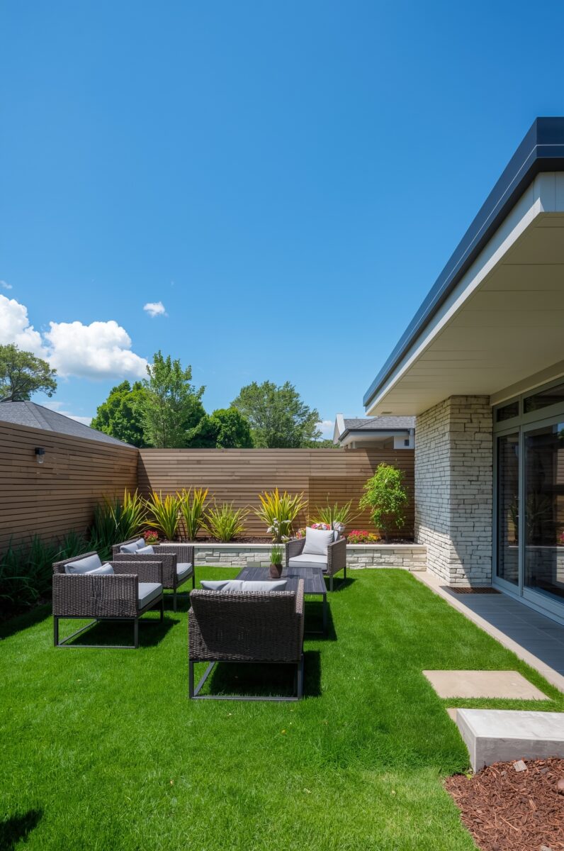Modern backyard patio with wicker furniture set on lush green lawn beside contemporary stone and wood home