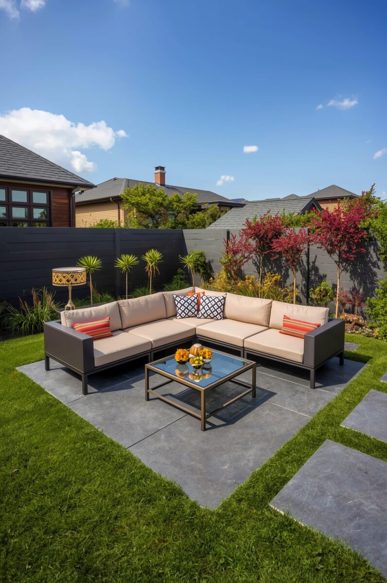 Modern L-shaped outdoor sectional sofa with beige cushions on slate patio surrounded by lush garden
