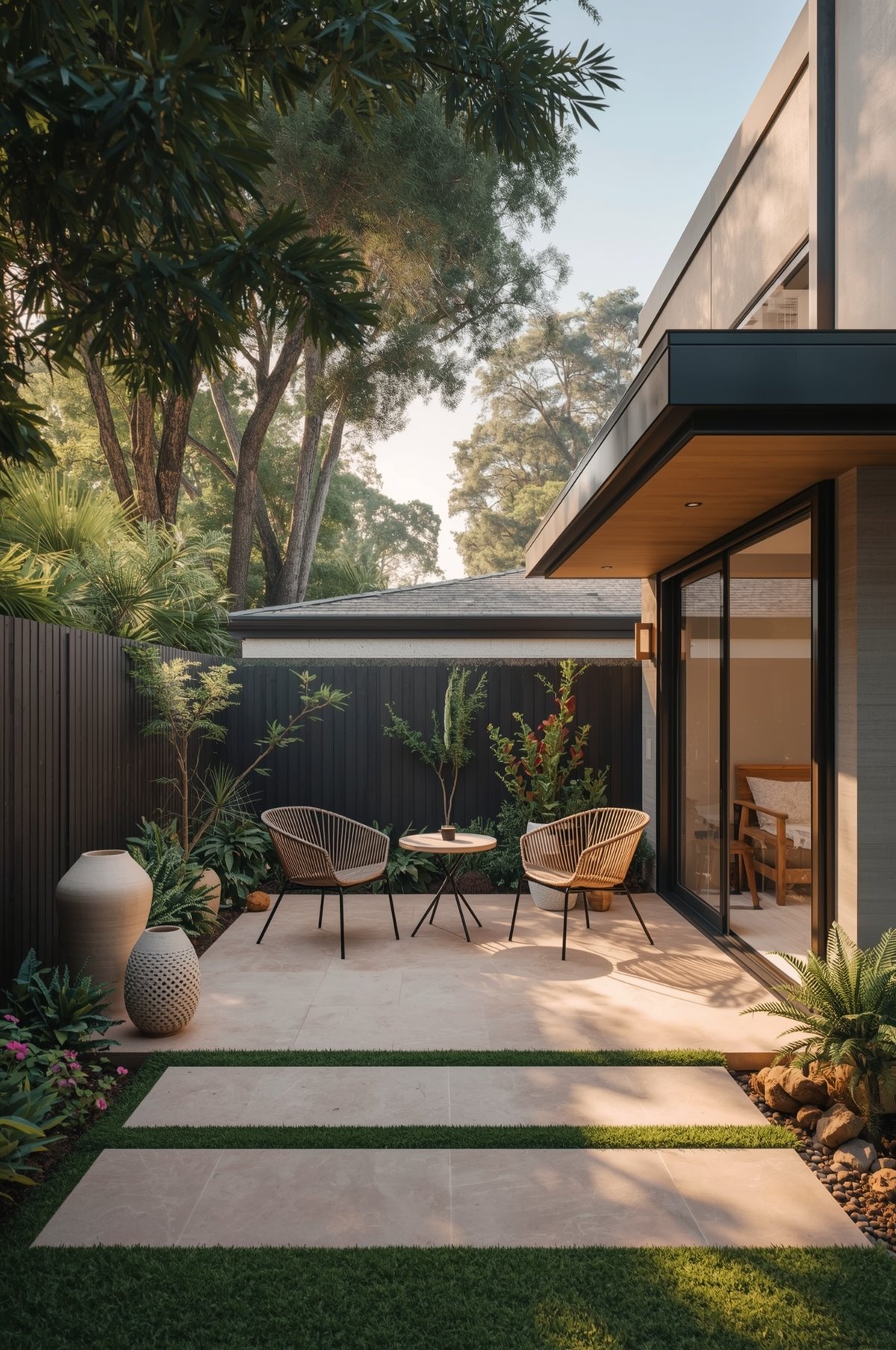 Modern outdoor patio with rattan chairs, bistro table, large ceramic vase, tropical plants, and sliding glass doors