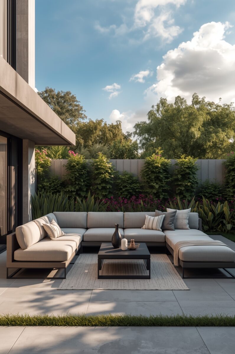 Modern outdoor patio with L-shaped sectional sofa, dark coffee table, and lush green garden backdrop